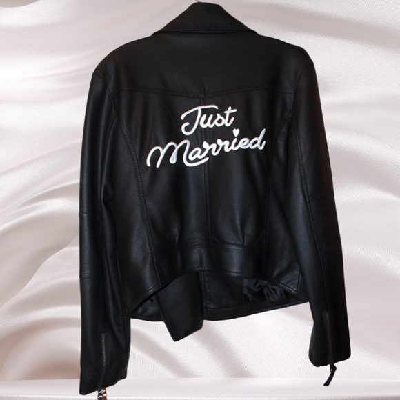 Black Leather Jacket with 'Just Married' Embroidery from David’s Bridal size S - Picture 2 of 5